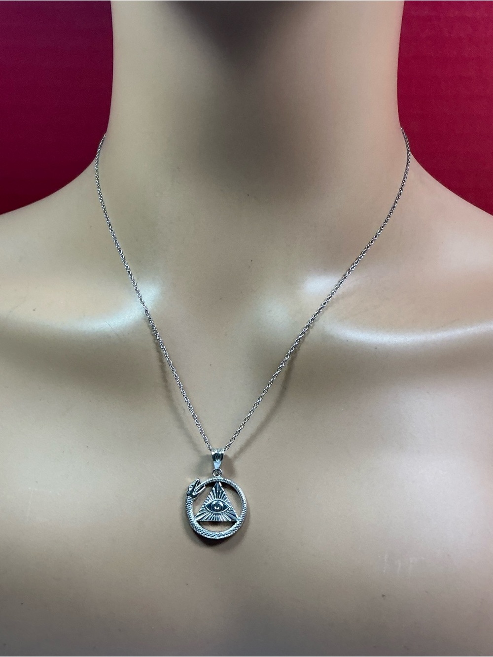 Sterling Silver All Seeing Eye Pendant Necklace W/ Ouroboros Snake. 19” long